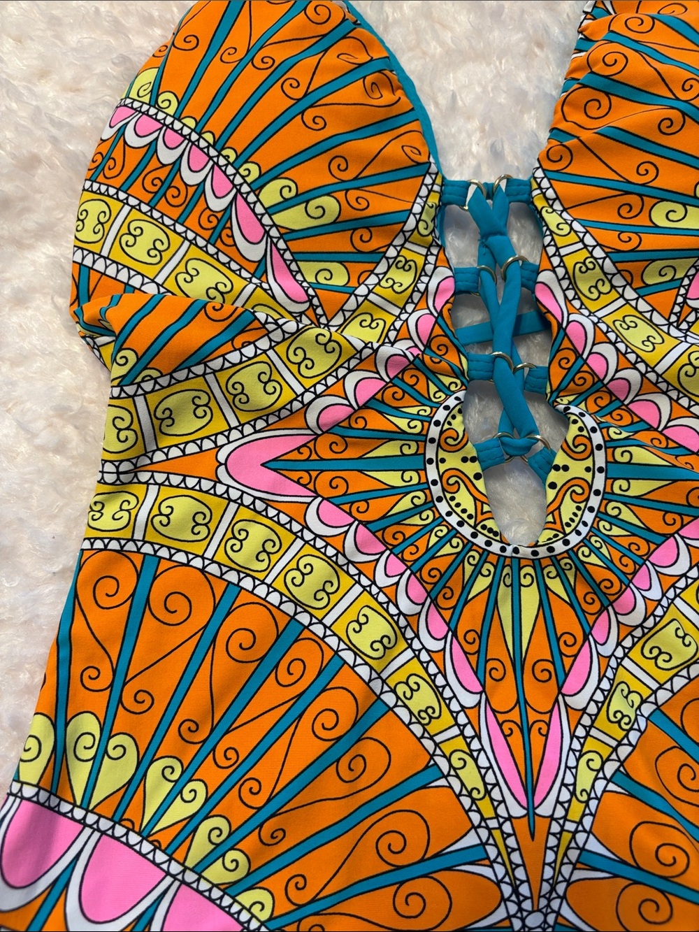 Trina Turk Vibrant Orange,Pink, Yellow Printed Swim One Piece 6 & Cover XS Set - Picture 6 of 15